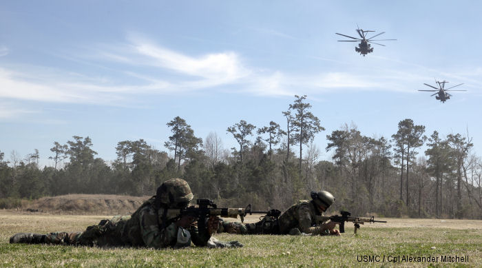 Royal Dutch Marines train with USMC HMH-454 at the Expeditionary Operations Training Group compound at Stone Bay, aboard Marine Corps Base Camp Lejeune, North Carolina, March 17, 2015
