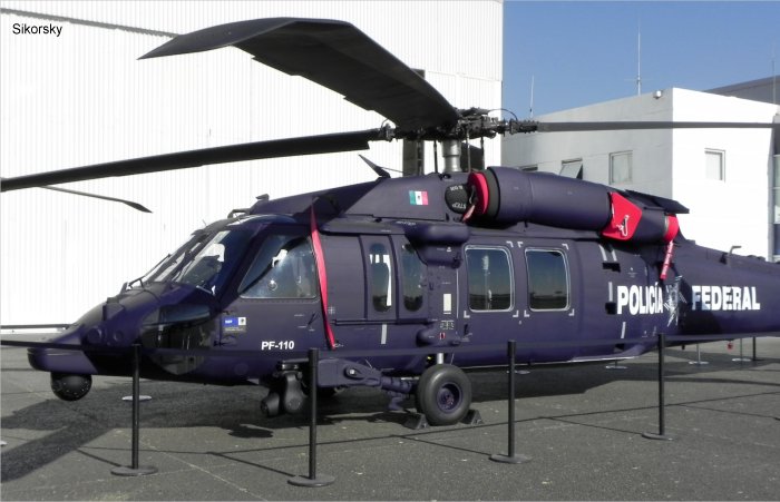 Helicopter Sikorsky UH-60M Black Hawk Serial 70-3397 Register PF-110 used by Policia Federal de Mexico (Mexico Federal Police). Aircraft history and location
