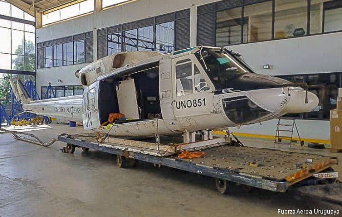Helicopter Bell 212 Serial 30899 Register UNO-851 032 N102PH C-FSKS HK-3159X N3151T SU-ECN used by United Nations UNHAS ,Fuerza Aerea Uruguaya FAU (Uruguayan Air Force) ,Canadian Helicopters Ltd. Built 1978. Aircraft history and location