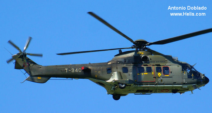 Helicopter Eurocopter AS532UL Cougar Serial 2554 Register T-340 used by Schweizer Luftwaffe (Swiss Air Force). Aircraft history and location