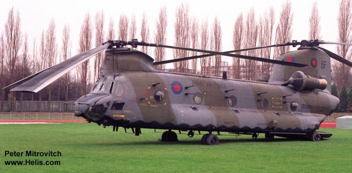 Helicopter Boeing-Vertol CH-47C Chinook Serial b-875 Register ZD983 N37086 used by Royal Air Force RAF ,Boeing Helicopters. Aircraft history and location