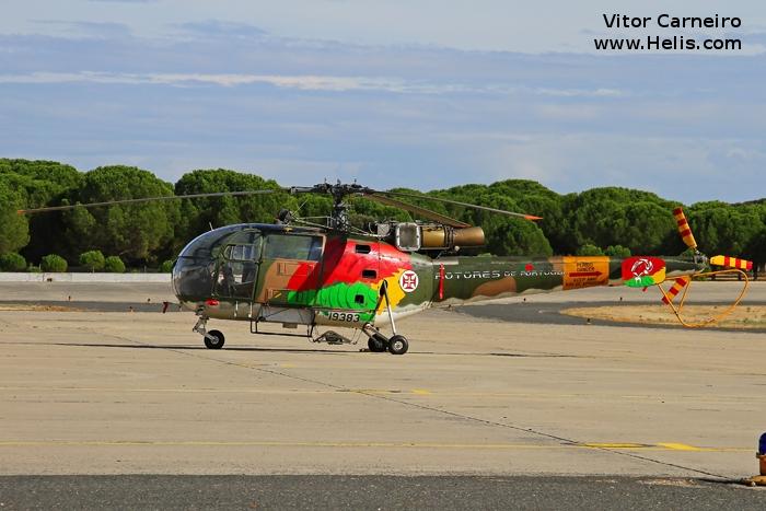 Helicopter Aerospatiale SA316B Alouette III Serial 1840 Register 19383 9383 used by Força Aérea Portuguesa (Portuguese Air Force). Built 1971. Aircraft history and location